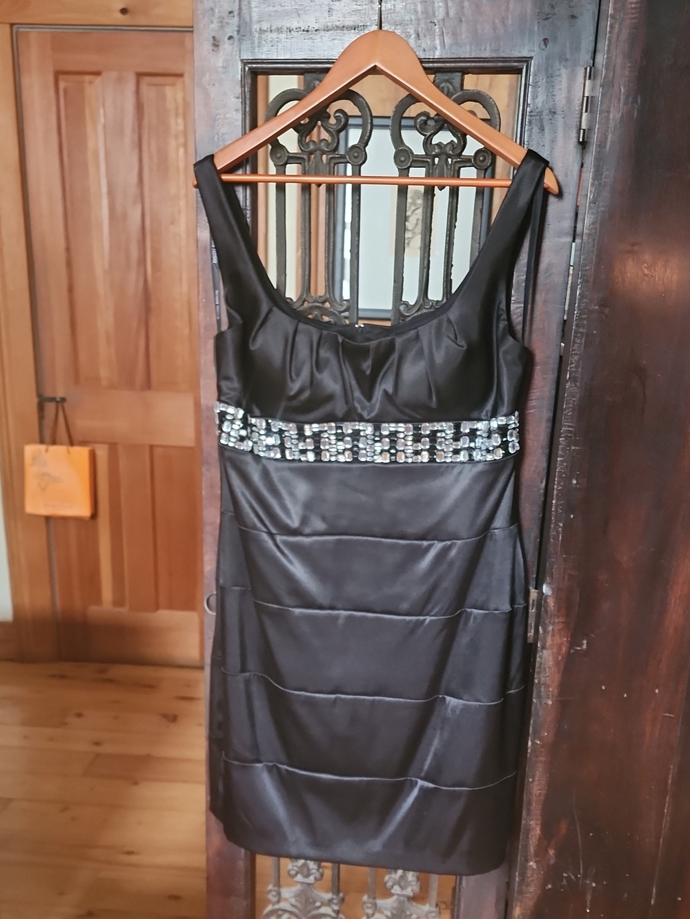 Bisou Bisou Black Satin Dress with Jeweled Band, Size 14